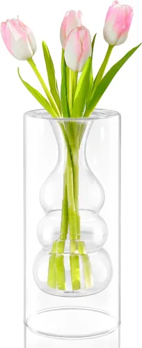 Miniatura 8 de ZENS Florero Pequeño de Flor Rosa Único, Florero de Vidrio Transparente Flotante Doble Hueco, Moderno Jarrón Decorativo Soplado a Mano Fresco