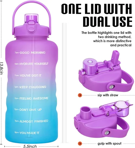 Miniatura 2 de Botella de agua de un galón con popote, 128 onzas (3.8 L), libre de BPA - Innovadora botella deportiva con tapa 2 en 1 con recordatorios Jacaranda