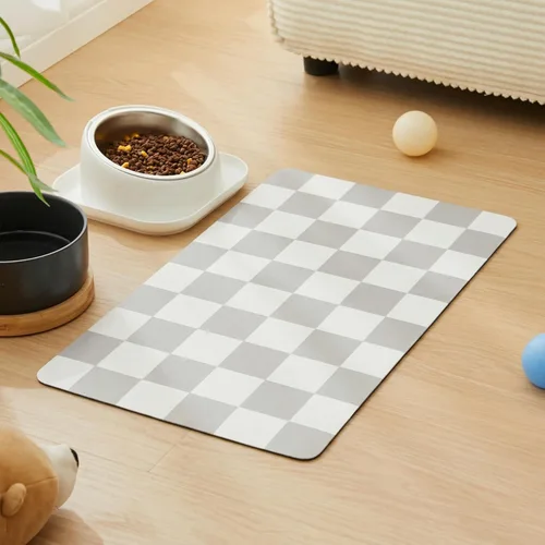 Miniatura 12 de Alfombrilla de alimentación para perros a cuadros, tapetes absorbentes para tazón de comida y agua para perros, dispensador, estética retro beige
