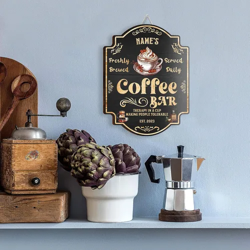 Miniatura 4 de Letrero de madera personalizado para barra de café, terapia en una taza tolerable a la gente, placa de pared para decoración de cocina, regalos