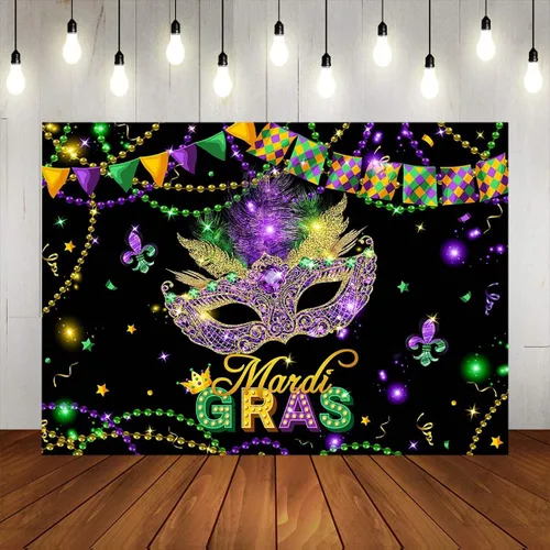 Miniatura 5 de Mocsicka Mardi Gras - Telón de fondo con purpurina dorada y verde púrpura, máscara de fiesta de máscaras, decoración de fiesta de carnaval, baile