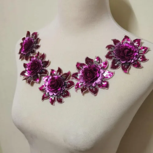 5 parches de flores de color rosa intenso con lentejuelas, bordado, manualidades, parches de costura Rosa Hot