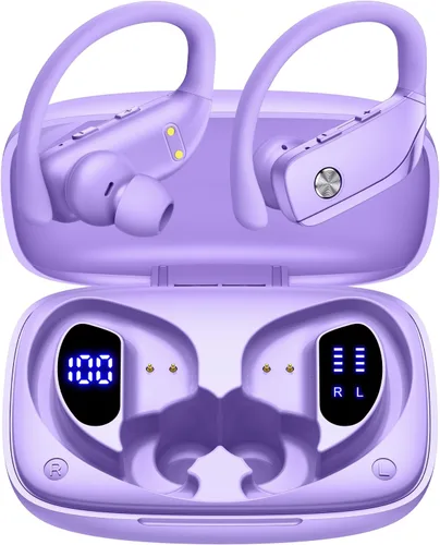 bmanl Auriculares inalámbricos Bluetooth con ganchos para las orejas con tiempo de reproducción de 80 horas, pantalla de alimentación LED, llamadas