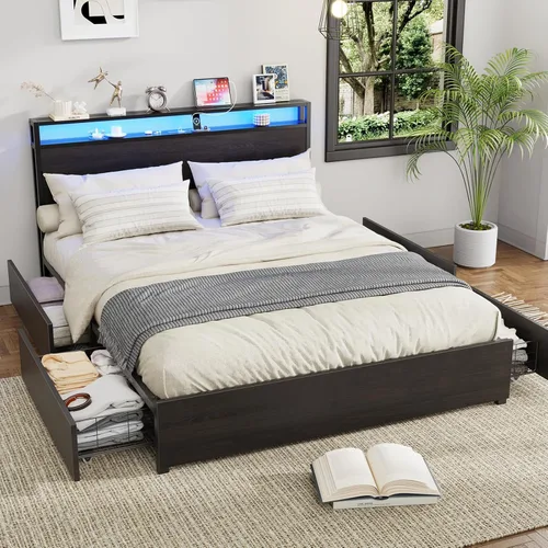 Miniatura 2 de Kiivakii Estructura de cama tamaño completo con cabecero, cama plataforma LED con 4 cajones de almacenamiento, estación de carga integrada, sin Negro