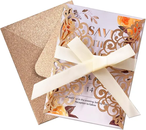 Miniatura 3 de 50 invitaciones de boda cortadas con láser con sobres con purpurina y cintas, tarjeta en blanco personalizada, invitaciones para quinceañera, Oro