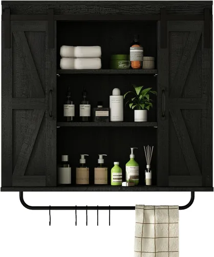 RUSTOWN - Gabinete de almacenamiento de pared de madera rústica con dos puertas corredizas de granero, gabinete vintage decorativo de granja de 3