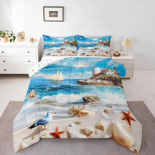 Miniatura 15 de Castle Fairy Juego de edredón de verano para niños, tamaño individual, diseño náutico reversible con diseño náutico de estrellas de mar, barco y Azul