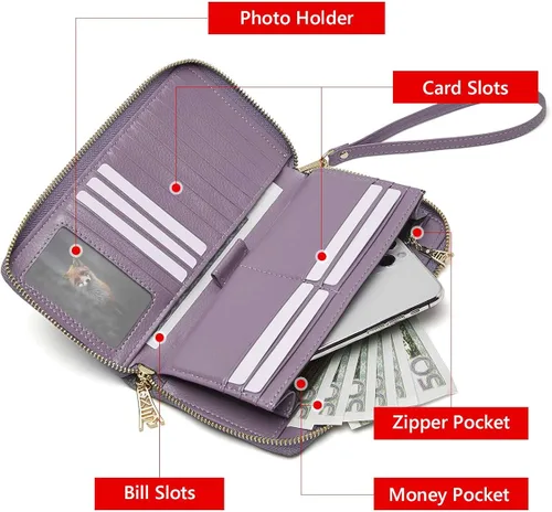 Miniatura 3 de FOXLOVER Carteras de cuero genuino para mujer, carteras de embrague con cremallera RFID con pulsera