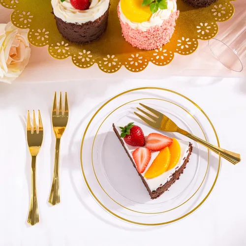 Miniatura 5 de DaYammi 240 platos de postre que incluyen 120 platos dorados para pastel de 6.3 pulgadas con 120 tenedores de plástico dorado de 5.7 pulgadas