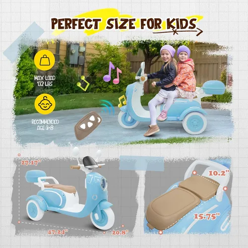 Miniatura 3 de Motocicleta eléctrica para niños de 2 plazas con control remoto, 3 ruedas de 12 V con USB, música, Bluetooth, luz, caja de almacenamiento grande, 2