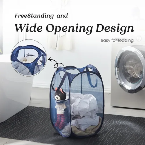 Miniatura 4 de TECHMILLY Cesta plegable de malla para la ropa sucia con asas resistentes y bolsillo lateral, cestas plegables portátiles para ropa para dormitorio