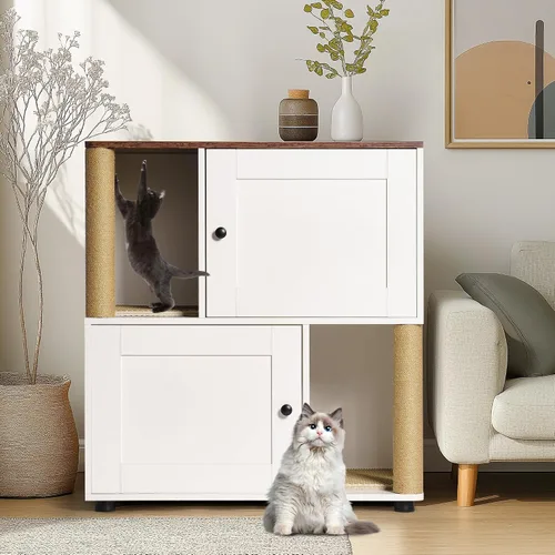 Miniatura 11 de Caja de arena para gatos para 2 gatos, armario de metal oculto doble con poste rascador para gatos, muebles grandes para baño de mascotas, mesa