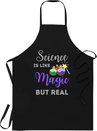 Delantal de ciencia - la ciencia es como la magia pero verdadero estudiante profesor o científico Delantales de cocina Decoración de cocina, Negro -
