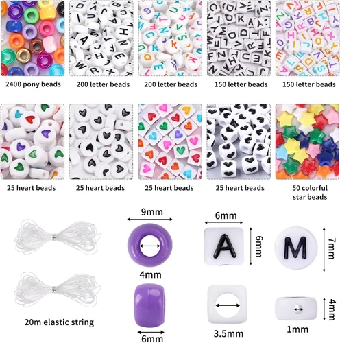 Miniatura 2 de QUEFE Kit de pulsera de 96 colores, 3000 piezas de cuentas pony, kit de pulsera de la amistad, cuentas de arcoíris Kandi con cuentas de letras
