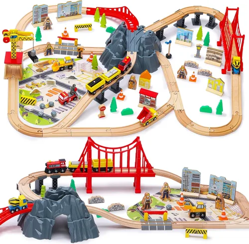 Miniatura 10 de SainSmart Jr. Juego de tren de madera de 112 piezas para niños pequeños – Pistas de tren de doble cara, compatibles con Brio, Thomas, Melissa & Doug