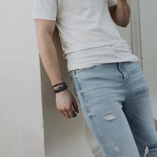 Miniatura 3 de Pulsera de cuero multicapa para hombre, 8.5 pulgadas, color negro o marrón, para hombre