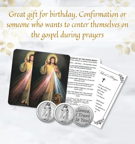 Miniatura 2 de Trendzeen Coronilla de la Divina Misericordia - con medalla en relieve, ficha de Jesucristo, tarjeta de oración del Señor Ficha de bolsillo
