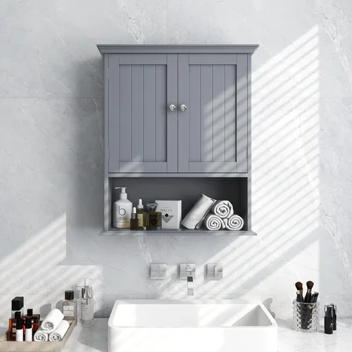 Miniatura 2 de Tangkula Armario de pared de baño, armario colgante de madera con puertas y estantes, gabinete de almacenamiento multiusos para aseo, cocina, sala