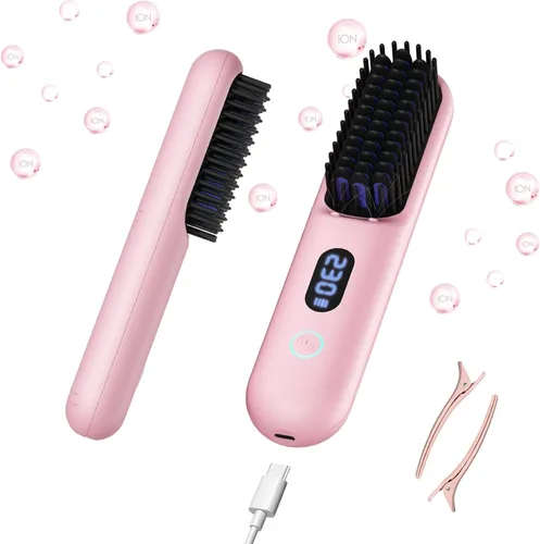 Cepillo alisador de pelo inalámbrico, cepillo alisador portátil con 9 ajustes de temperatura, mini peine alisador para viajes, batería recargable de