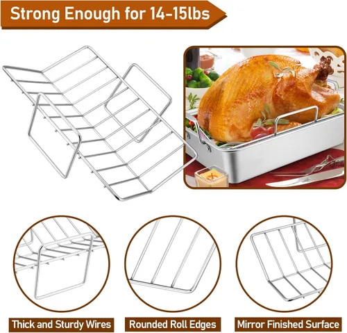 Miniatura 5 de Sartén para asar con estante para pavo y pollo, sartén para asar de acero inoxidable Joyfair y estante en V para horno tostador, utensilio de horneo