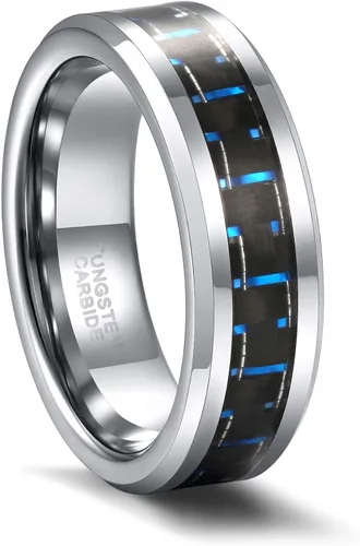 Miniatura 2 de TRUMIUM Anillo de tungsteno negro y azul de 0.236in, 0.315in, con incrustaciones de fibra de carbono para hombres y mujeres, talla 4-15, Tungsteno