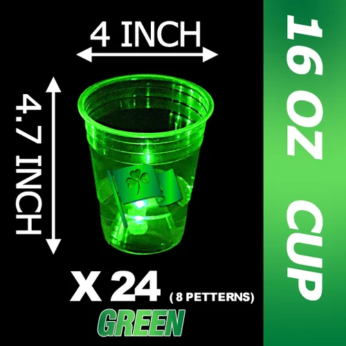 Miniatura 4 de mishunyus 24 tazas brillantes del día de San Patricio, tazas de fiesta de trébol con luces LED, vasos de plástico de 16 onzas para decoración