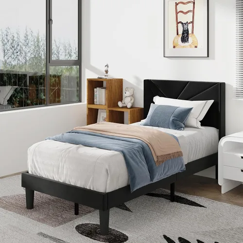 Estructuras de Cama Tamaño Individual con Cabecera Tapizada Tipo Wingback, Plataforma de Fácil Ensamblaje y Soporte de Listones de Madera Negro