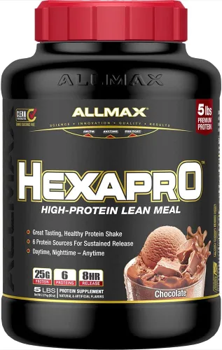 ALLMAX HEXAPRO, Chocolate - 5 lb - 25 gramos de proteína por porción - 8 horas de liberación sostenida - cero azúcar - 52 porciones