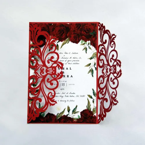 Miniatura 13 de 25 piezas de tarjetas de invitaciones de boda cortadas con láser con purpurina verde con sobres, hojas interiores en blanco, cintas