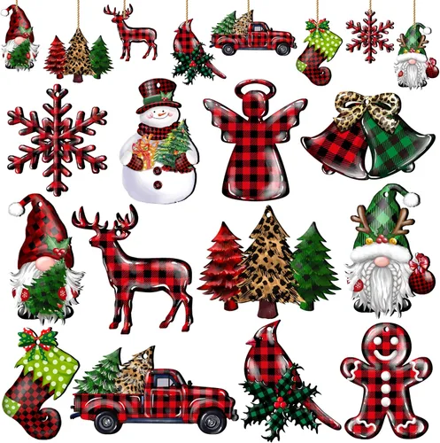 JOPHMO 24 Piezas Adornos de Madera de Navidad Copo de Nieve Gnomo Muñeco de Nieve Camión Adornos Colgantes de Madera Recortes de Árbol de Navidad