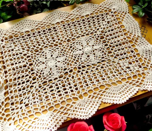 Miniatura 2 de Laivigo Nuevo mantel rectangular hecho a mano con encaje de algodón de ganchillo, 2 unidades, 12 x 19 pulgadas, beige