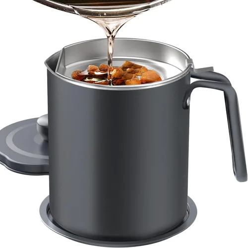 Miniatura 7 de Chihee Contenedor de grasa de acero inoxidable para tocino con filtro de malla fina, 2 litros/67.6 onzas líquidas, lata de aceite de cocina con tapa
