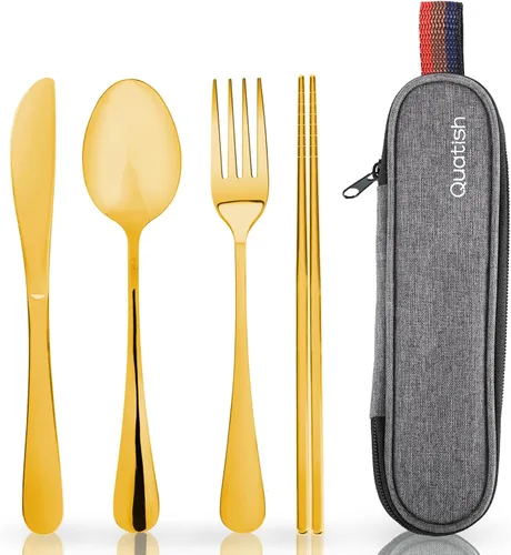 Miniatura 11 de Quatish - Utensilios de viaje con estuche, juego de cubiertos portátiles para el trabajo, juego de cubiertos de viaje reutilizables de acero Negro
