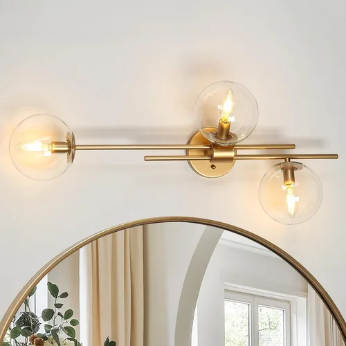 Miniatura 7 de KSANA Luminaria de Baño Estilo Granja, Lámpara de Tocador Moderna Negro Dorado de 3 Luces con Pantalla de Vidrio Transparente Abierta, Lámpara