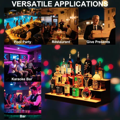 Miniatura 8 de MESAlLUP - Estante de exhibición de botellas de licor iluminado de 2 niveles de 16 pulgadas, estantes de barra LED con aplicación o control remoto