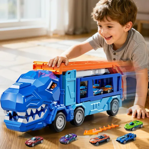 Miniatura 4 de Juego de pistas de camiones para niños de 3, 4, 5, 6 años, camión de dinosaurio, pista de carreras con 12 juguetes de autos de carreras fundidos a