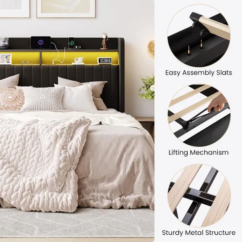 Miniatura 6 de SHA CERLIN - Estructura de cama de tamaño matrimonial con almacenamiento elevado/Luces LED/Estación de carga/Cabecero con estantes de 2 niveles/USB