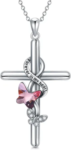 Flpruy Collar de cruz para mujer, plata de ley 925, collar con texto en inglés "I Love You", joyería religiosa con caja de regalo para madre e hija