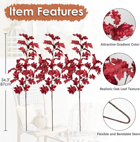 Miniatura 2 de GnFlus Tallos de hojas de otoño de 34.3 pulgadas de largo, hojas artificiales de roble sintético, tallos de otoño de roble para centro de mesa