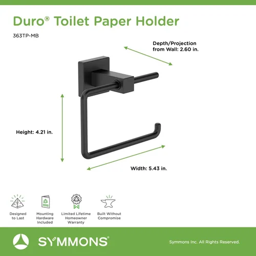Miniatura 5 de Symmons 363TP-MB Duro - Soporte de papel higiénico para pared, color negro mate Mate negro