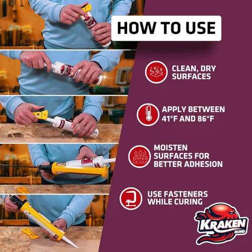 Miniatura 5 de KRAKEN BOND No More Nails - Adhesivo de poliuretano transparente, 100% impermeable (D4) y sellador para madera, cerámica, azulejos, pisos, granito