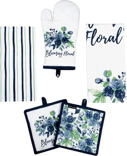 AMOUR INFINI Juego de 5 soportes para ollas, manoplas de horno y toallas de cocina, resistentes al calor, de algodón, perfecto para cocinar, hornear