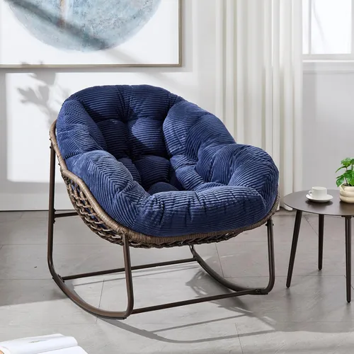 Miniatura 19 de Mecedora para patio al aire libre, cómoda silla mecedora de mimbre con cojín acolchado, silla de ratán de gran tamaño con marco de acero sólido