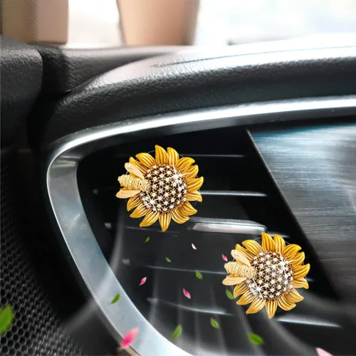 Miniatura 6 de ORIESSE Accesorios para auto con girasol, clips móviles de abeja y flor para ambientador de aire del coche, decoraciones brillantes para ventilación