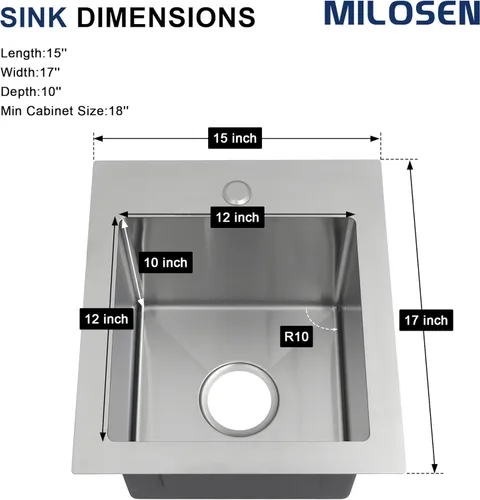 Miniatura 6 de MILOSEN Fregadero de barra de 15 x 17 pulgadas, fregadero de acero inoxidable T304, fregaderos de cocina pequeños con accesorios personalizados