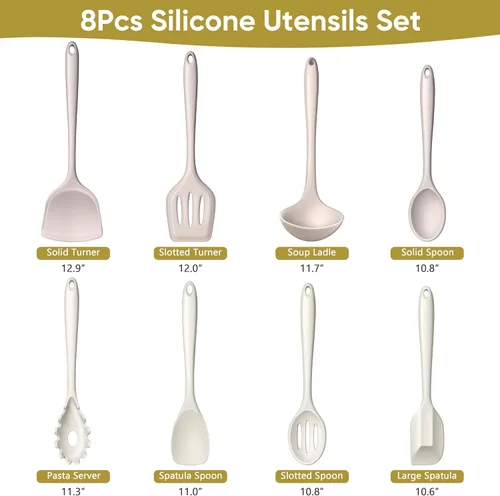 Miniatura 2 de LIANYU Juego de 8 utensilios de cocina, juego de espátulas de silicona para utensilios de cocina antiadherentes, incluye espátula de silicona, Caqui