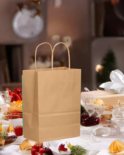 Miniatura 6 de qiqee Paquete de 100 bolsas de regalo de papel marrón con asas a granel de 8.26 x 6 x 3.15 pulgadas, bolsas de regalo de tamaño pequeño