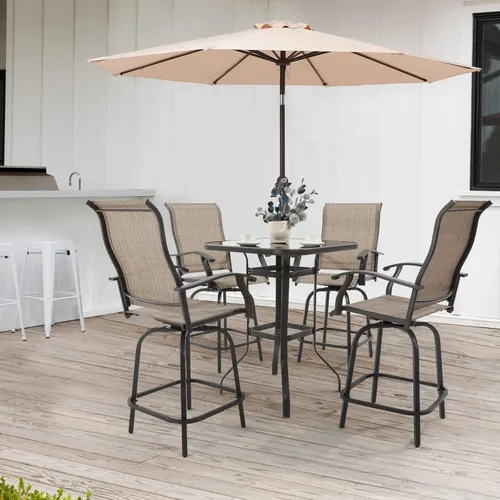 Miniatura 7 de UDPATIO Juego de 4 taburetes de bar giratorios para exteriores, taburetes altos para exteriores con tela textil impermeable, reposabrazos, Marrón