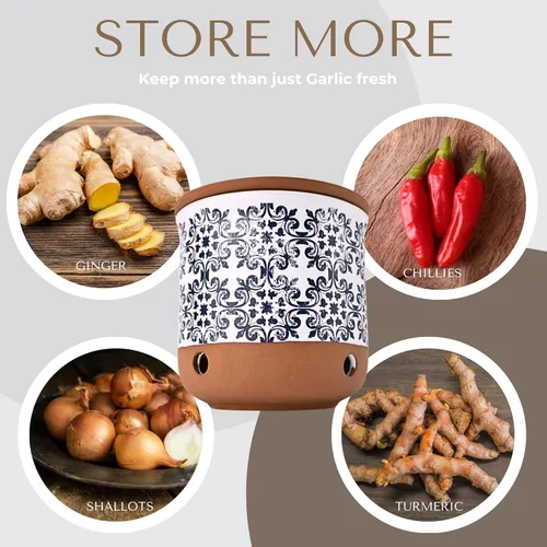 Miniatura 5 de Okavango Garlic Keeper de cerámica – conservadores de ajo – recipiente de almacenamiento de ajo – Soporte para ajo – Encimera – Tarro de ajo