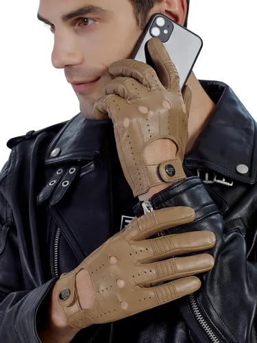 Miniatura 10 de GSG Guantes de cuero genuino para hombre de piel de oveja negros para conducir en bicicleta con pantalla táctil, guantes de motocicleta sin forro